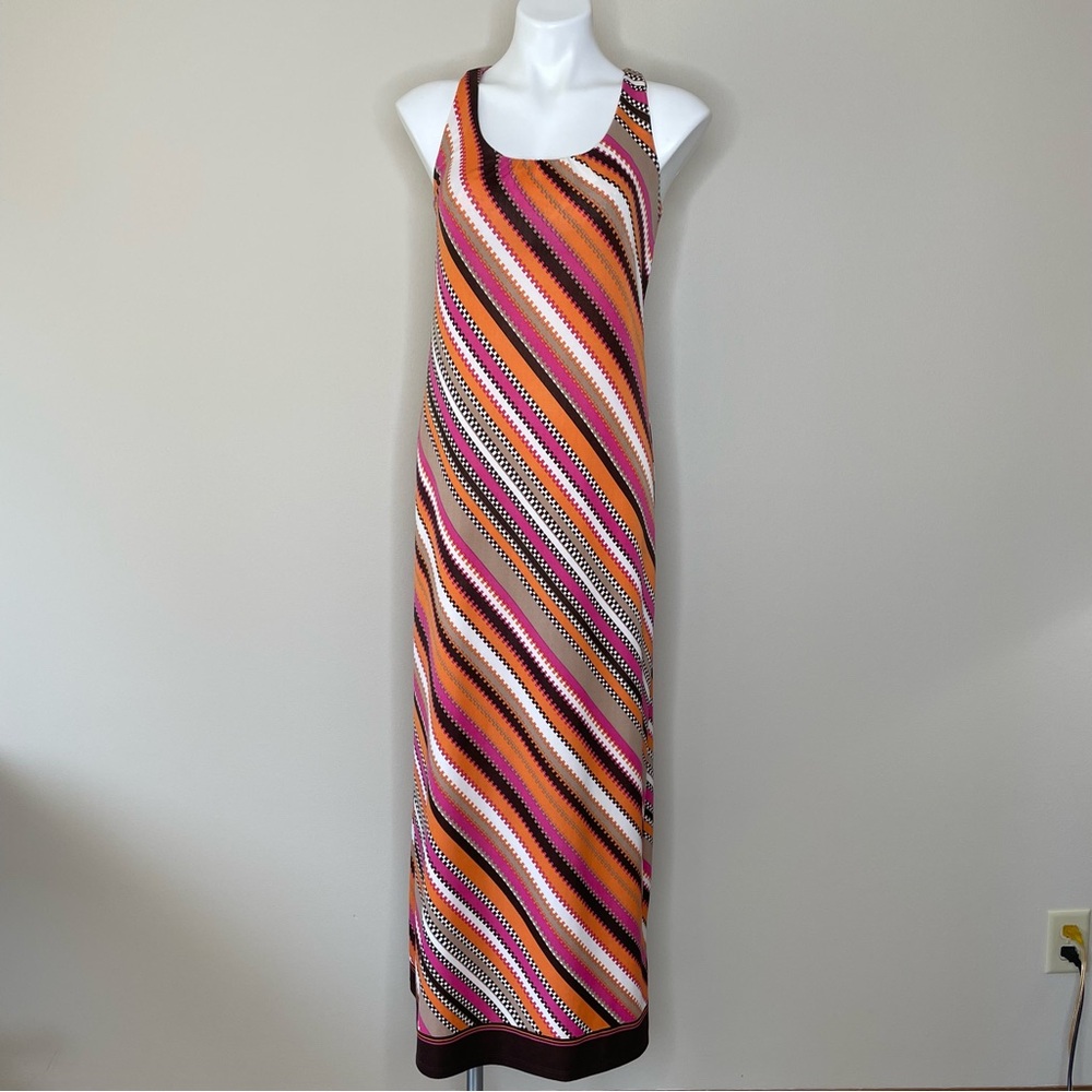 Emma & Michele Vibrant Orange and Pink Bias Striped Summer Maxi Dress